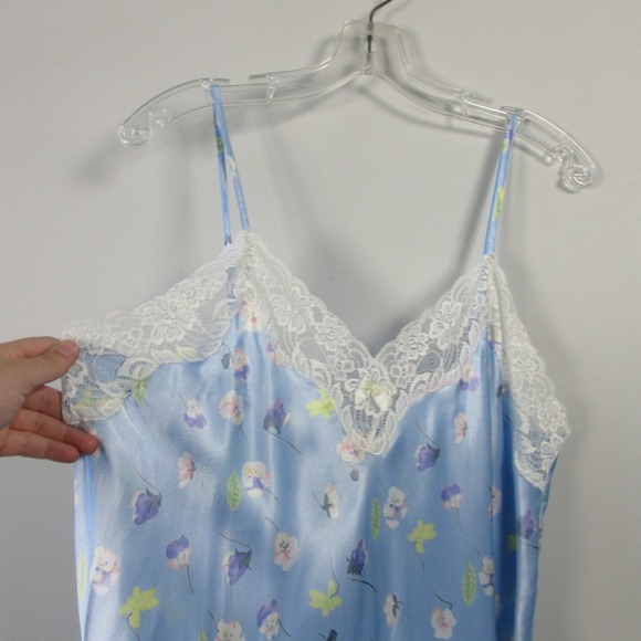 Morgan Taylor Intimates Slip Dress L Blue Satin Lace Trim Floral Lingerie 92 - Picture 3 of 10